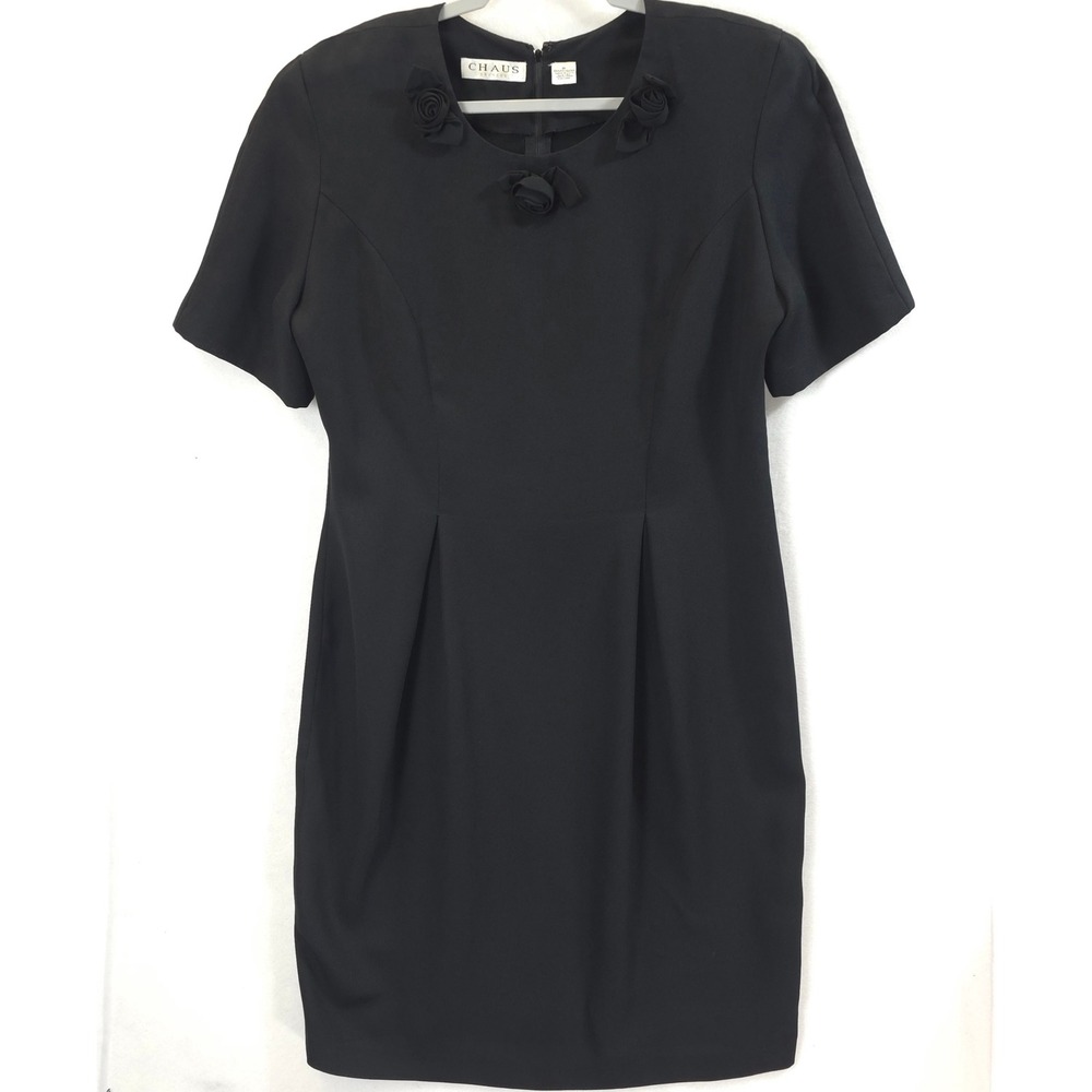Chaus Sheath Dress Rosette Neckline Black Women 16 Vintage Elegant LBD Neutral